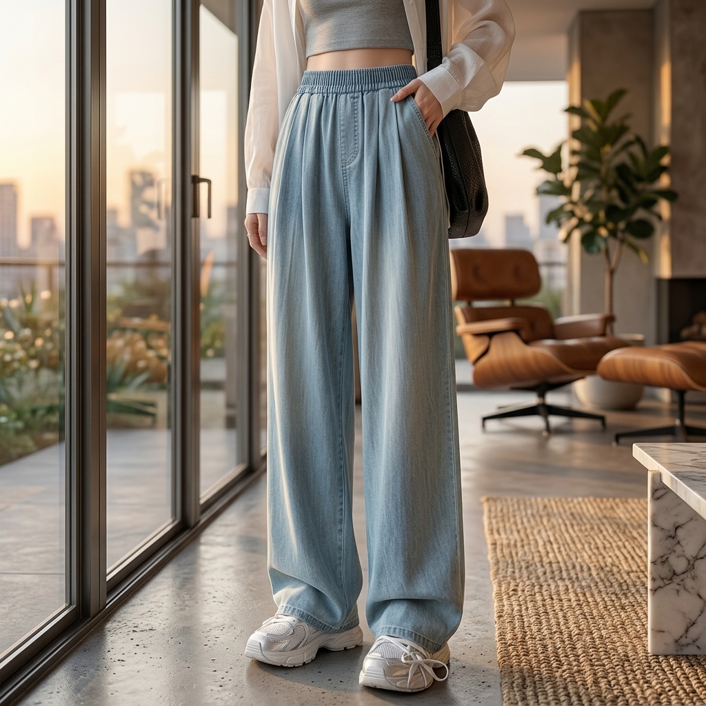 Generated on-model lifestyle scene; outfit replicated, face out of frame, mismatched sneakers