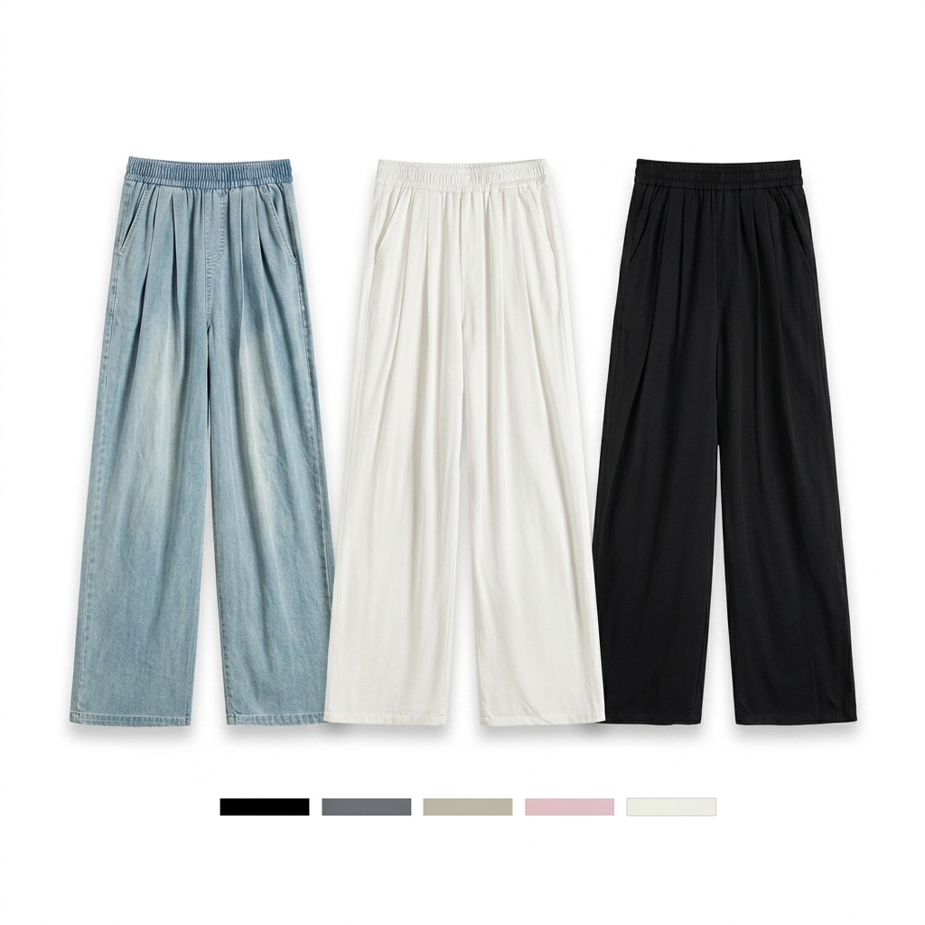 Generated flat-lay of three colorways with swatch row; human model removed from the hero composition