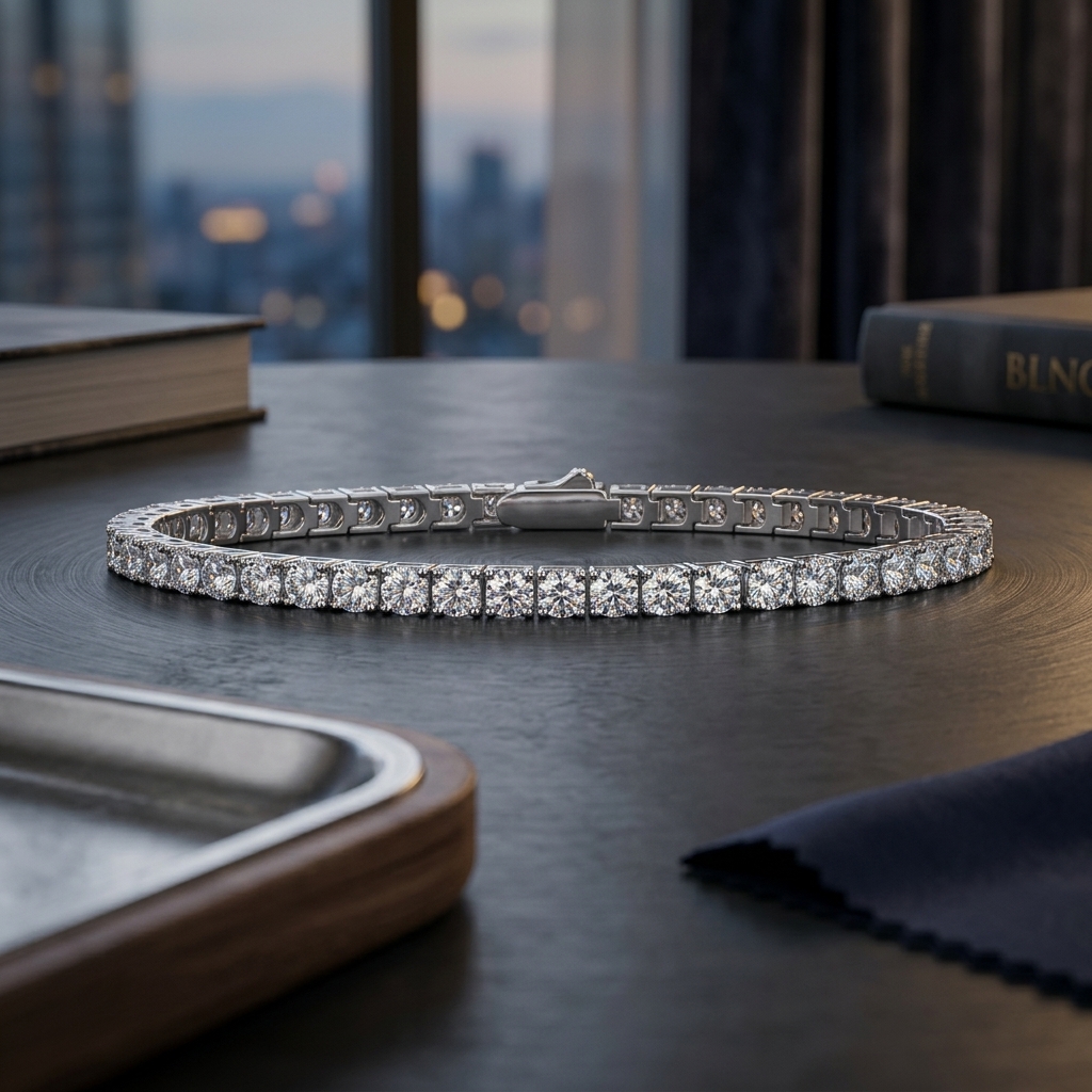 Generated dusk desk lifestyle scene of the bracelet; prop book lettering garbled