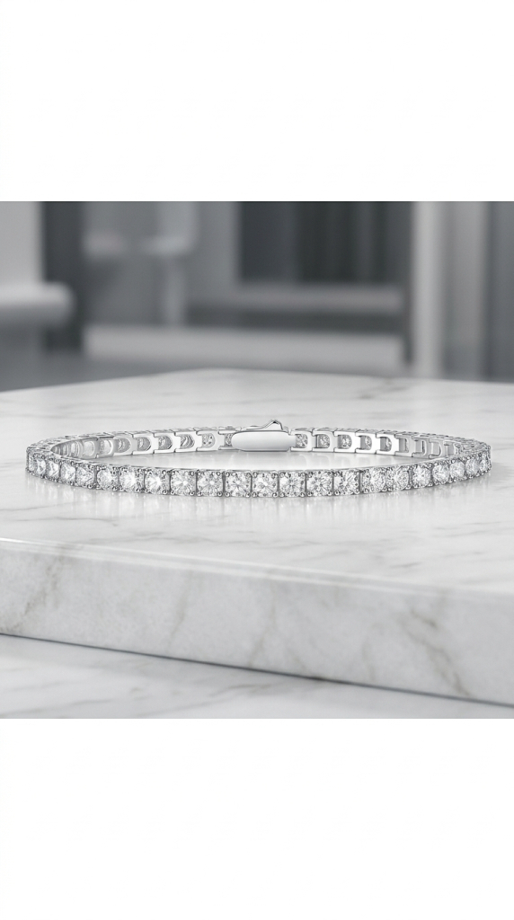 Generated vertical frame with grey letterbox bands; bracelet on white marble