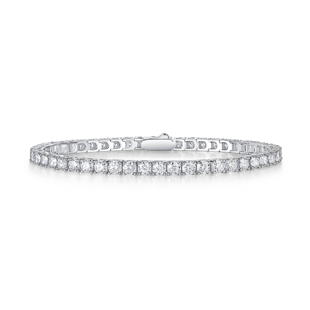 Generated white-background hero of the tennis bracelet; brand overlay removed, repeated links consistent