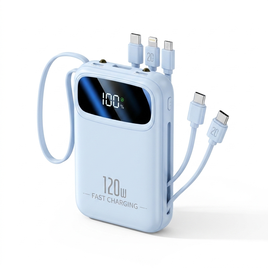 Generated white-background hero of the power bank; color retained, cable count wrong, port labels garbled