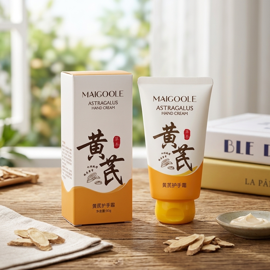 Generated lifestyle scene of the hand cream with astragalus slices and window light; prop book titles garbled