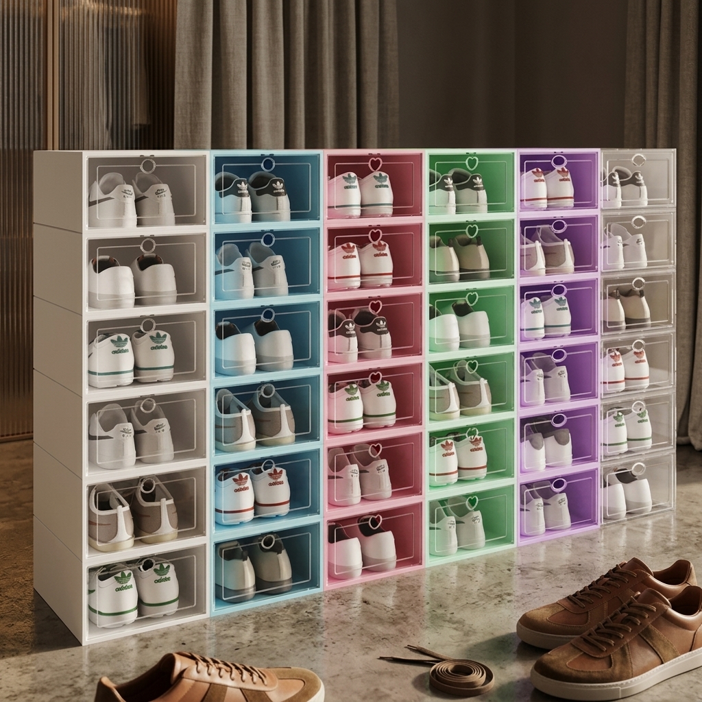 Generated image kept a room scene instead of the requested white background; transparent fronts convincing, third-party shoe marks visible
