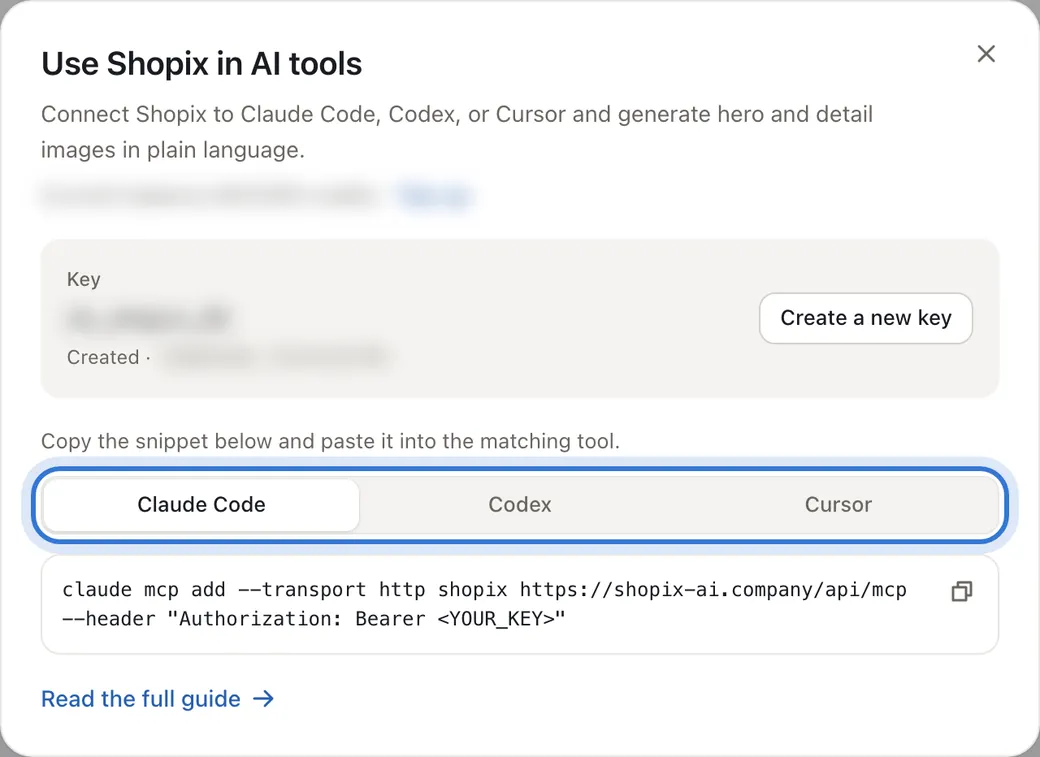 The setup window: key and the Claude Code, Codex and Cursor snippets