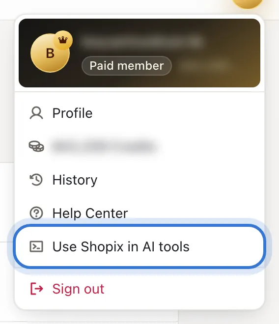 “Use Shopix in AI tools” in the avatar menu