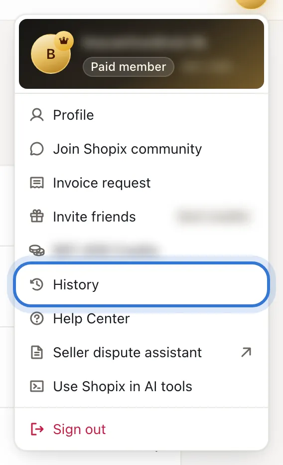 History in the avatar menu