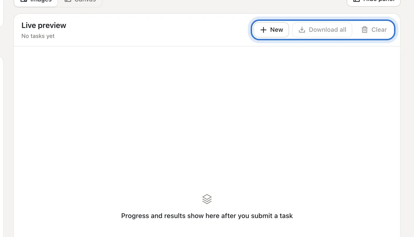 The task list: New, Download all, Clear