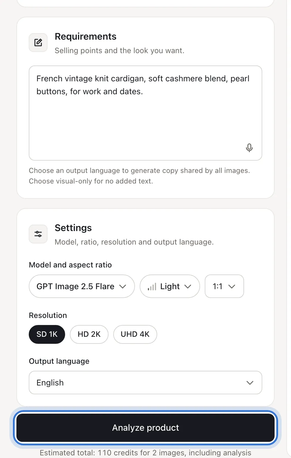 Requirements, settings and the analyze button