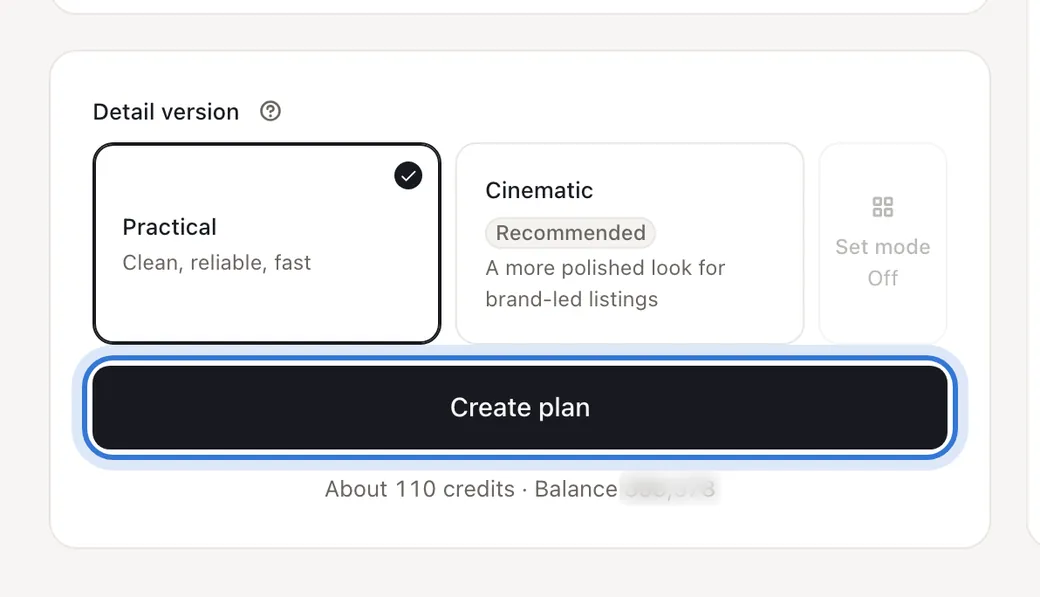 Detail version, set mode and the create plan button