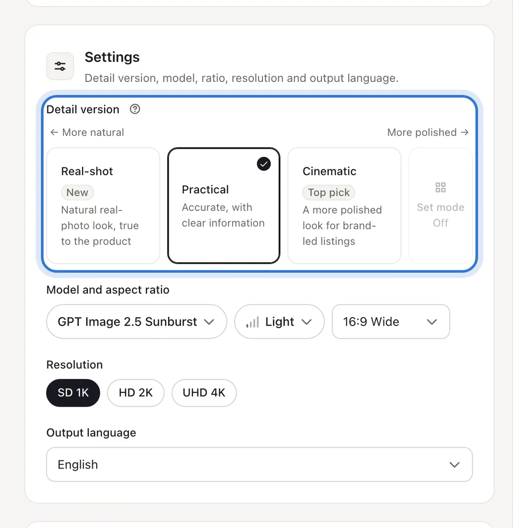 Detail version and set mode under Settings