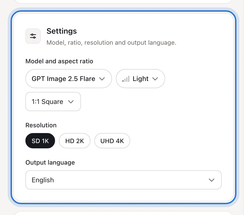 Output language, model, aspect ratio and resolution