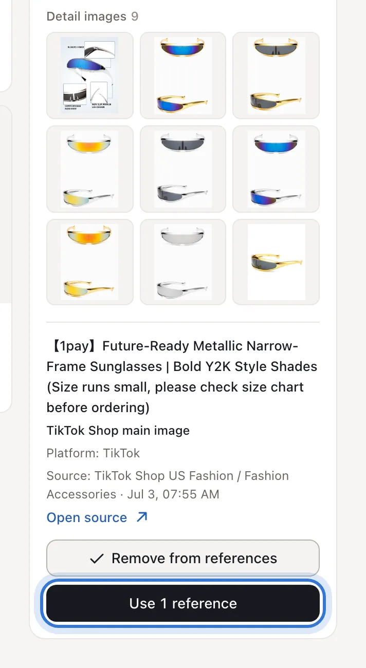 A product image set with Add to references