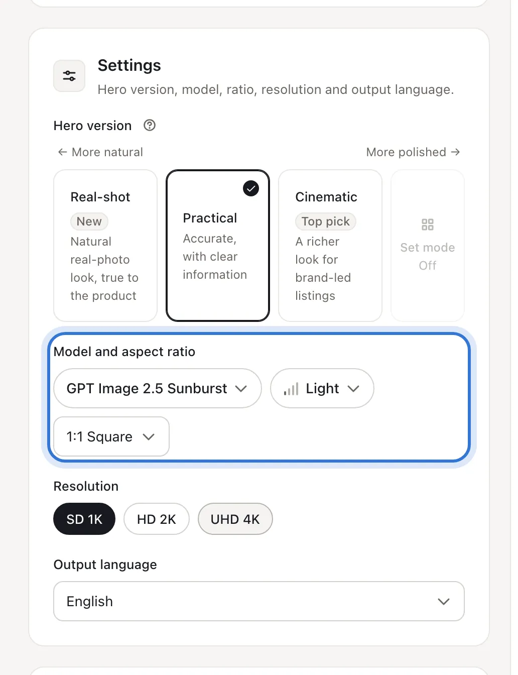 Model and quality buttons with resolution next to them