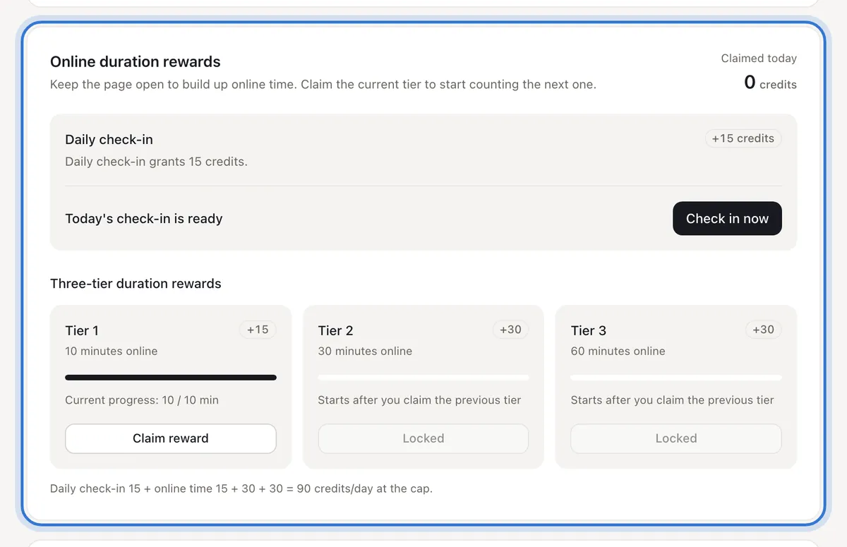 Daily check-in and online duration rewards