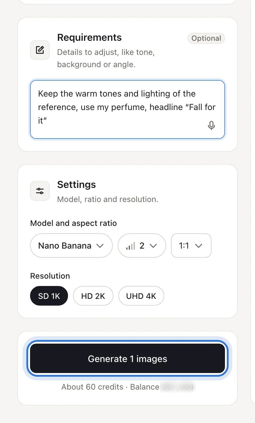 Requirements, settings and the generate button