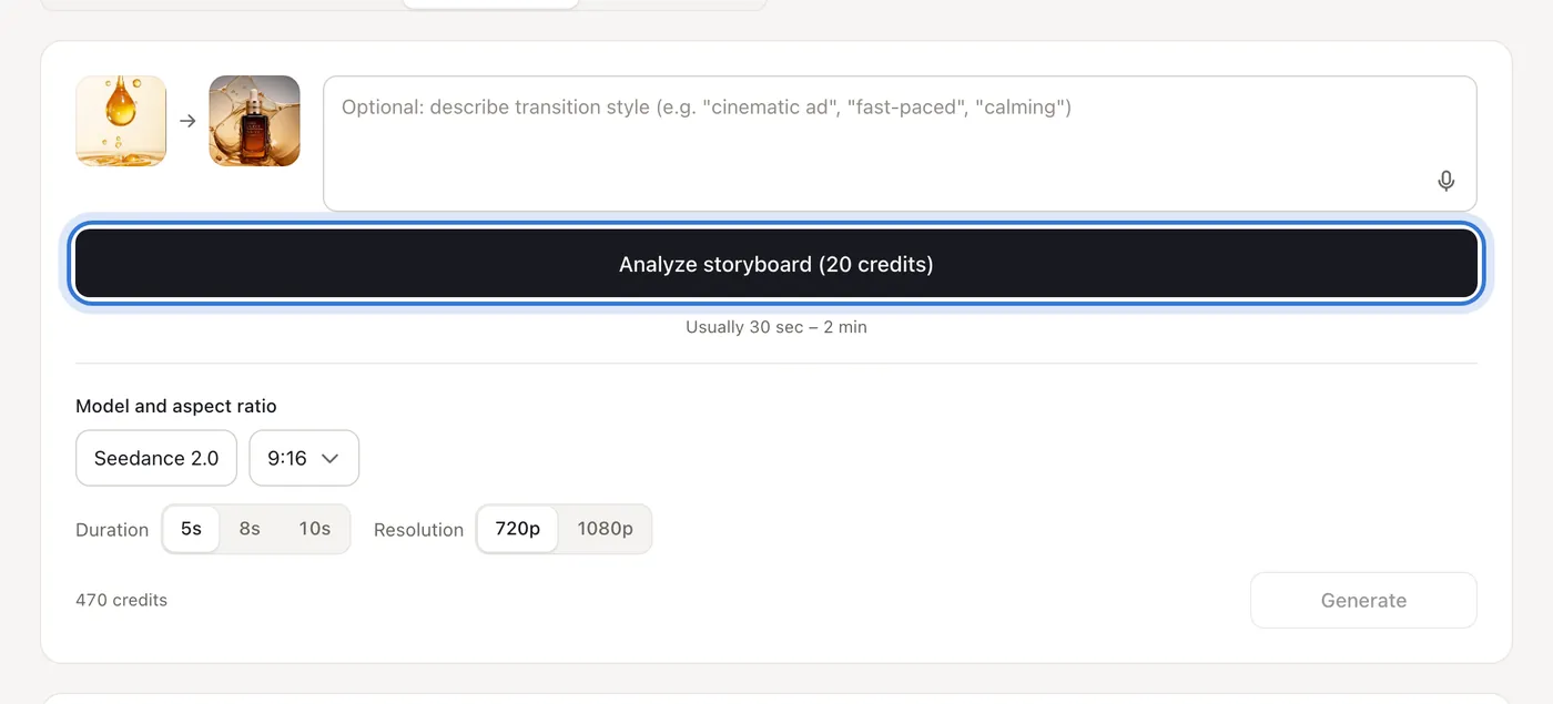 Analyze storyboard, duration, resolution and generate
