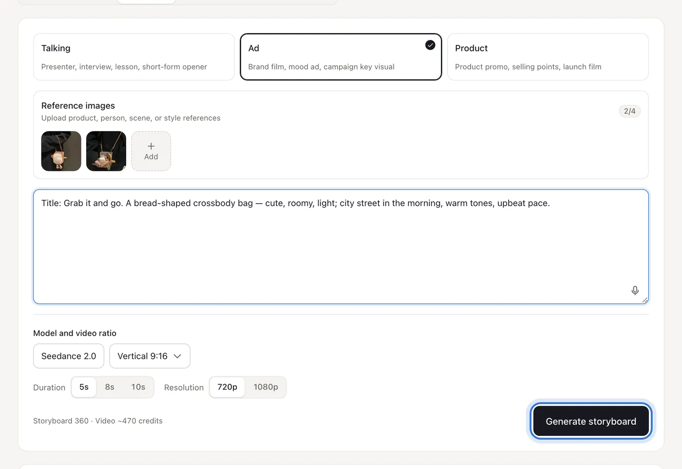 Ratio, duration, resolution and the generate storyboard button