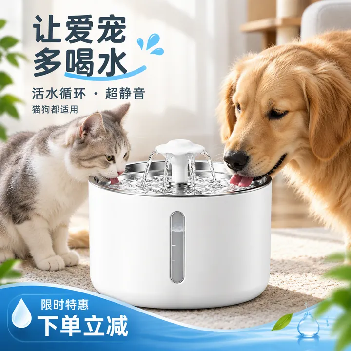 宠物饮水机主图示例,带「让爱宠多喝水」文案